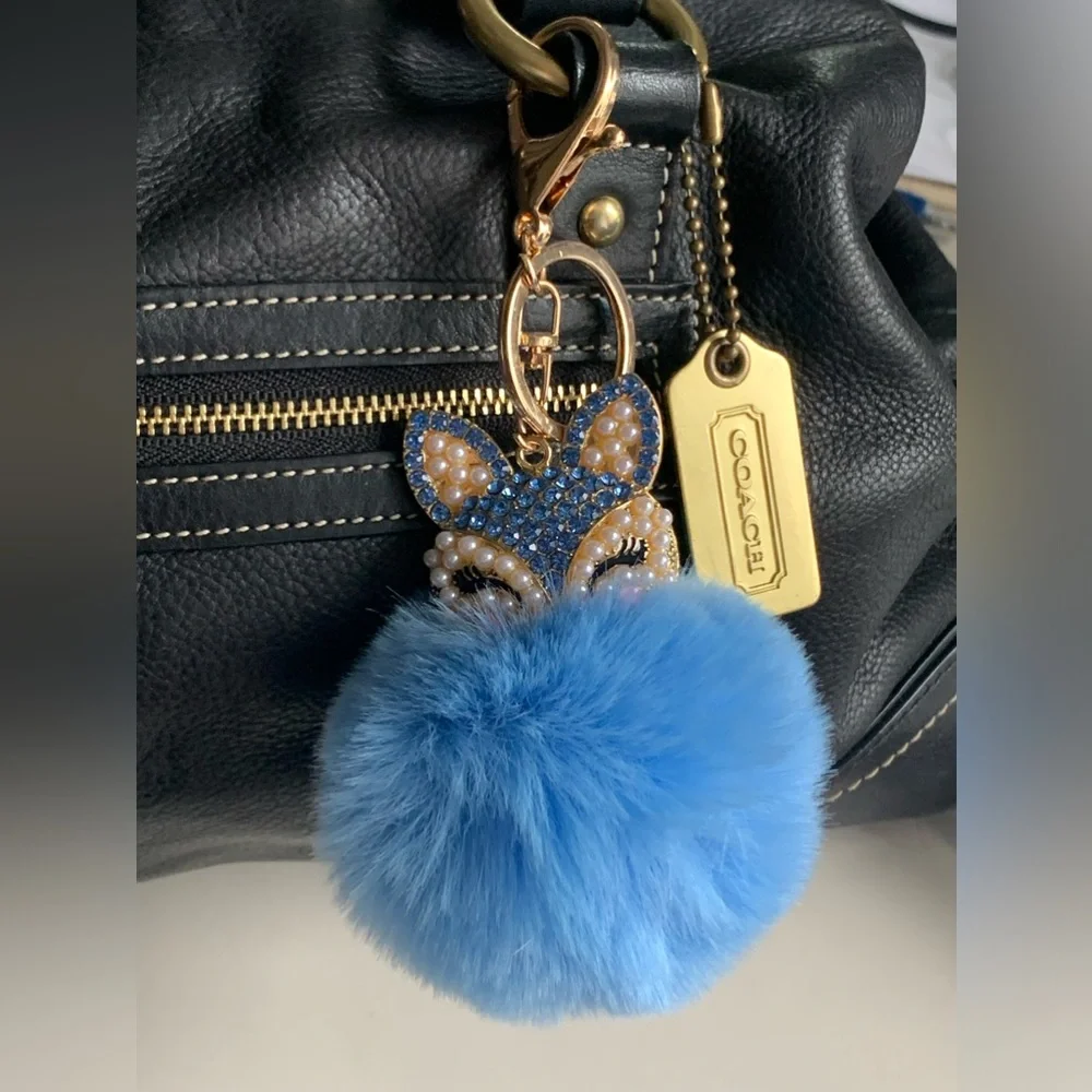 FOX Keychain/ Bag Charm Crystals and Mini Pearls on Fox’s Head w/Blue Pom Pom - Picture 1 of 2